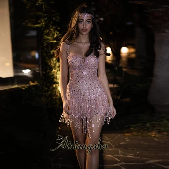 Aixiangsha Dazzling Mini Prom Dresses for Women Spaghetti Straps Rhinestones Tassel Sheath Vestidos De Noche Customized 1