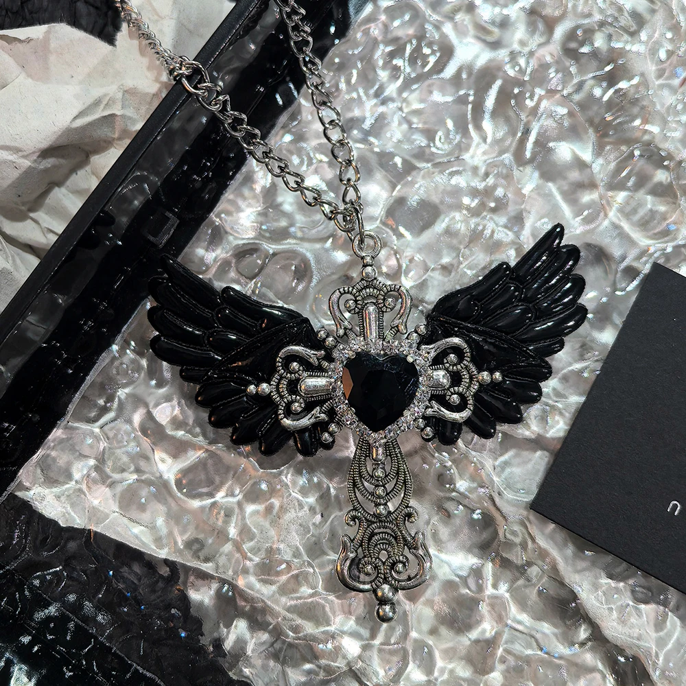 Y2K Gothic Angel Wing Heart Pendant Necklace Silver Tone Holographic & Black Wing Cross Necklaces for Women Punk Jewelry 5
