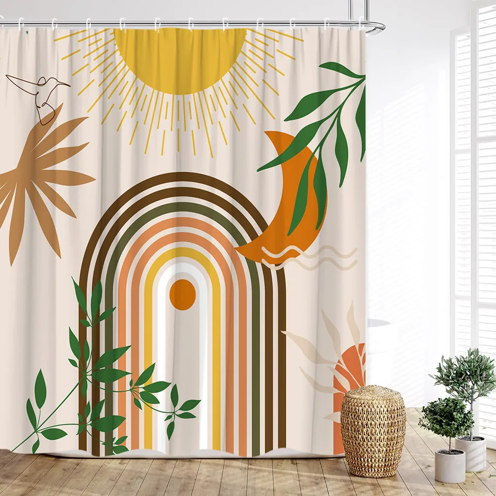 Mid Century Shower Curtain, Modern Vintage Geometric Arched Green Leaf Round Minimalist Printed Home Bathroom Decor with Hooks