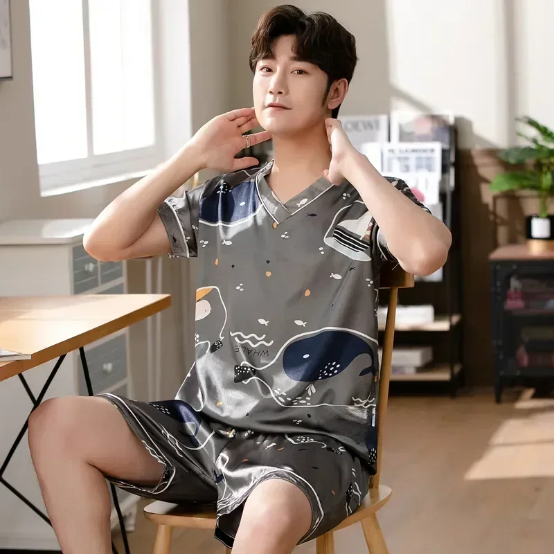 

Satin Two Summer Men Pajamas Nightwear Pajama Set Man Sleepwear Sleep Clothes Silk Shorts Piece Home Pullover Lounge