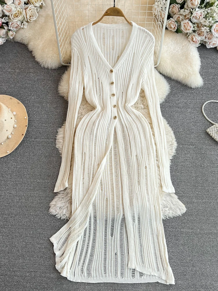 

Aibeautyer New Casual Spring Summer Solid Slim Button Full Lady Dress A Line V Neck Chiffon Single Breasted Women Dresses