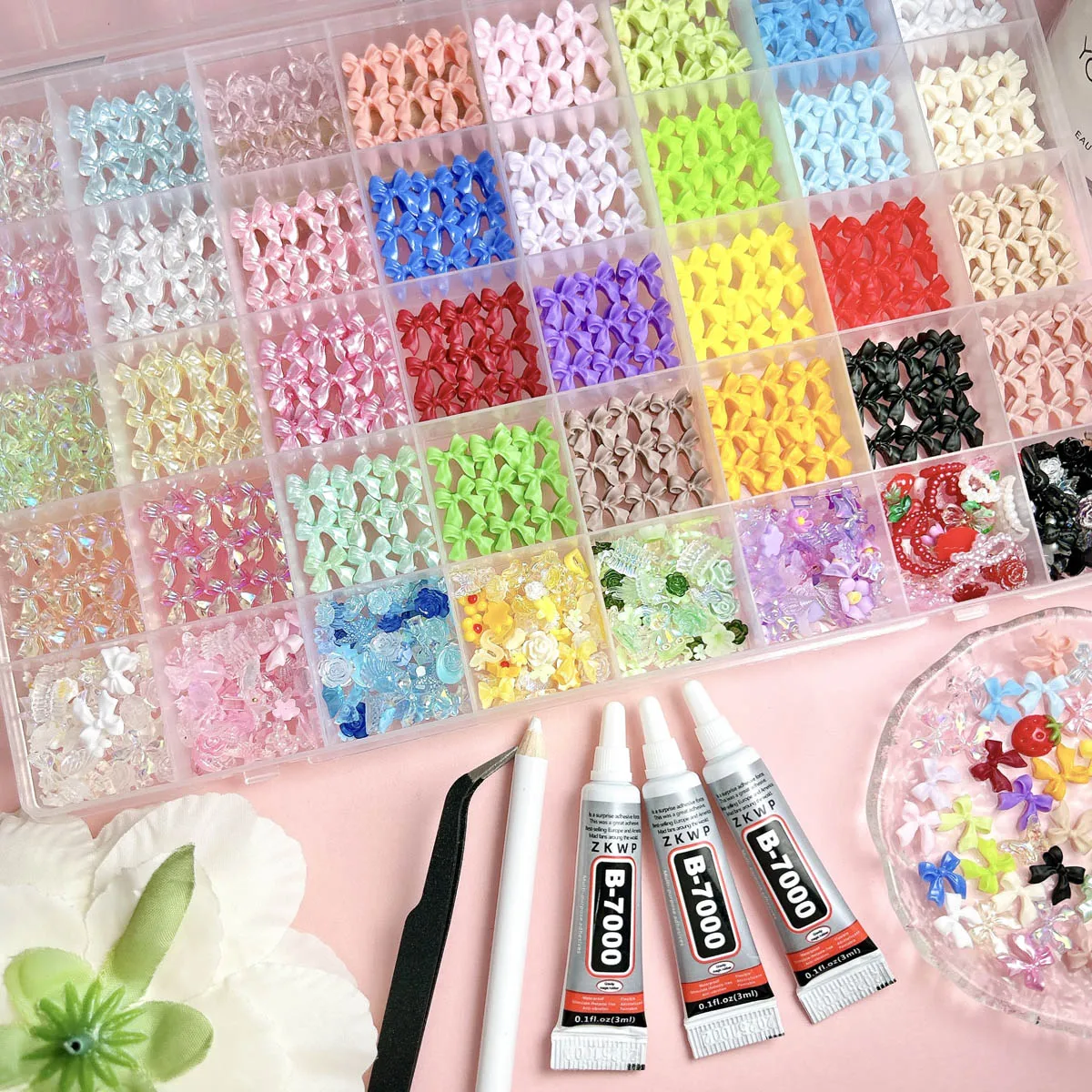 1박스 3D 마카롱 컬러 리본 레진 네일 아트 참 40가지 색상 미니멀리스트 스윗 플라워 나비 달 네일 장식 DIY