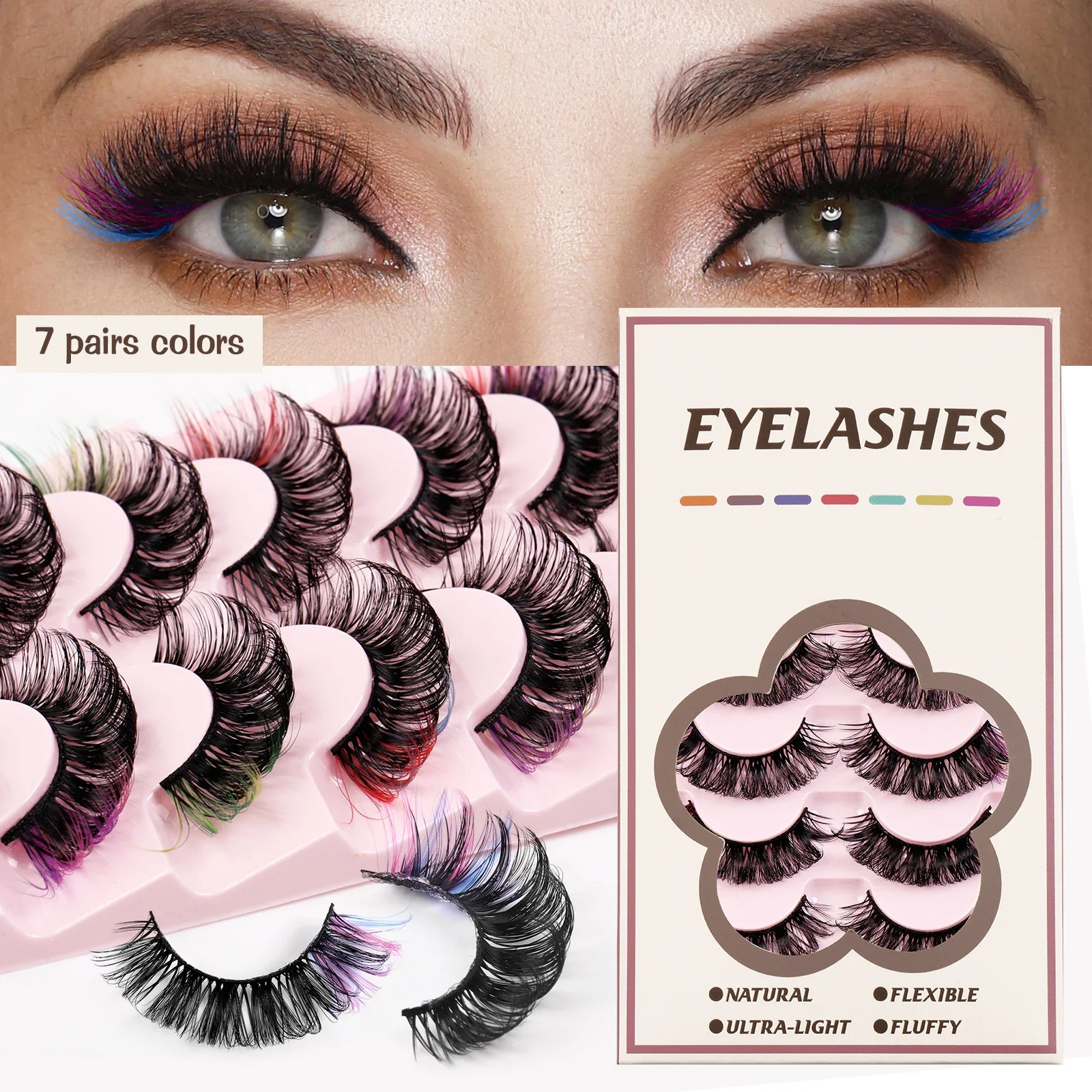 

7 Pairs Colorful False Eyelashes D Curl Natural Fluffy Colored Makeup Faux Eyelash Lashes extensions Russian Volumes