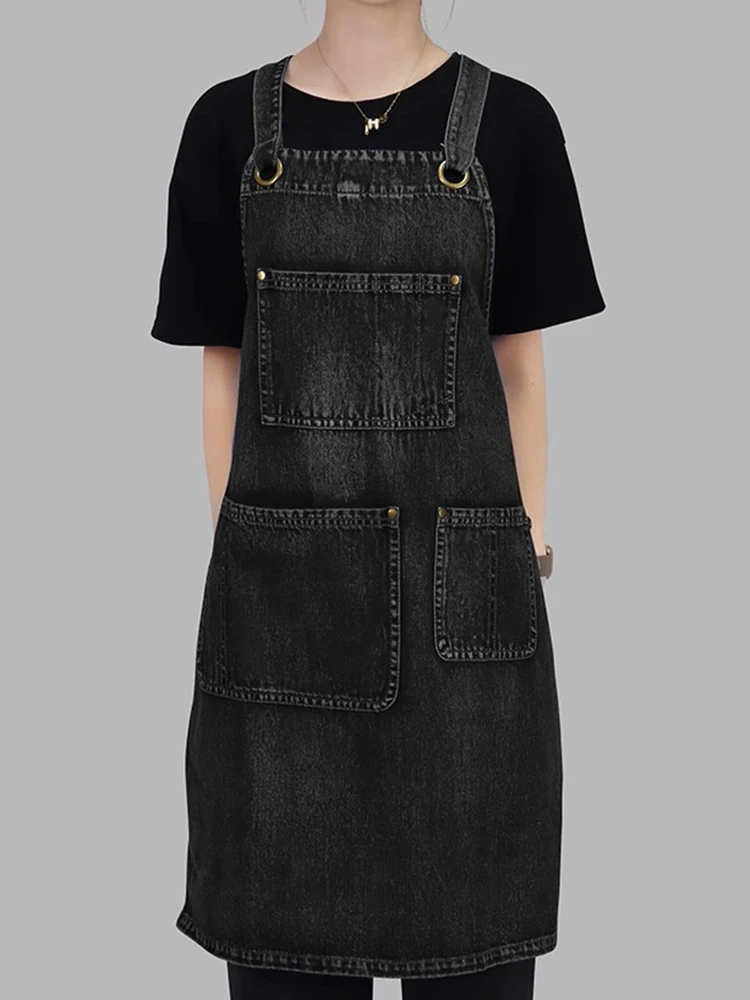 Schwarz-blaue Denim-Schürze mit verstellbarer Taille für Männer und Frauen – ideal für Restaurant, Café, Friseur, Bäckerei, Arbeitskleidung – Detail 1