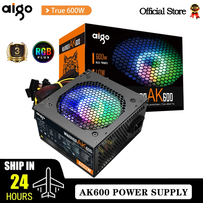 Aigo AK 600 Вт Блок питания для ПК Черный Игровой TIHIY 120 мм RGB Вентилятор 24pin 12V ATX Настольный компьютер Источник пит...