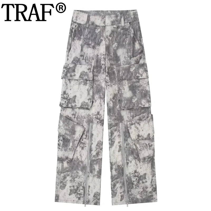 

TRAF 2023 Women's Pants Print Cargo Pants Women Mid Waist Baggy Wide Pants Woman Fashion Autumn Trousers Womens Streetwear