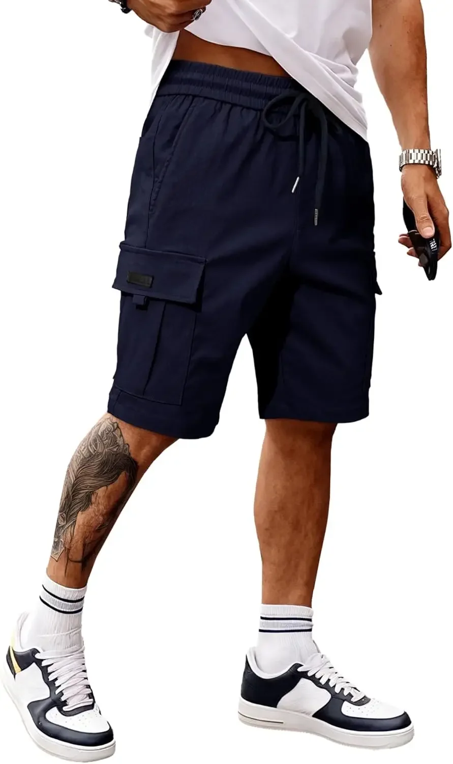 Men's Casual Stretch Cargo Shorts Classic Drawstring Elastic Waist Summer Work Short with Multi Pockets