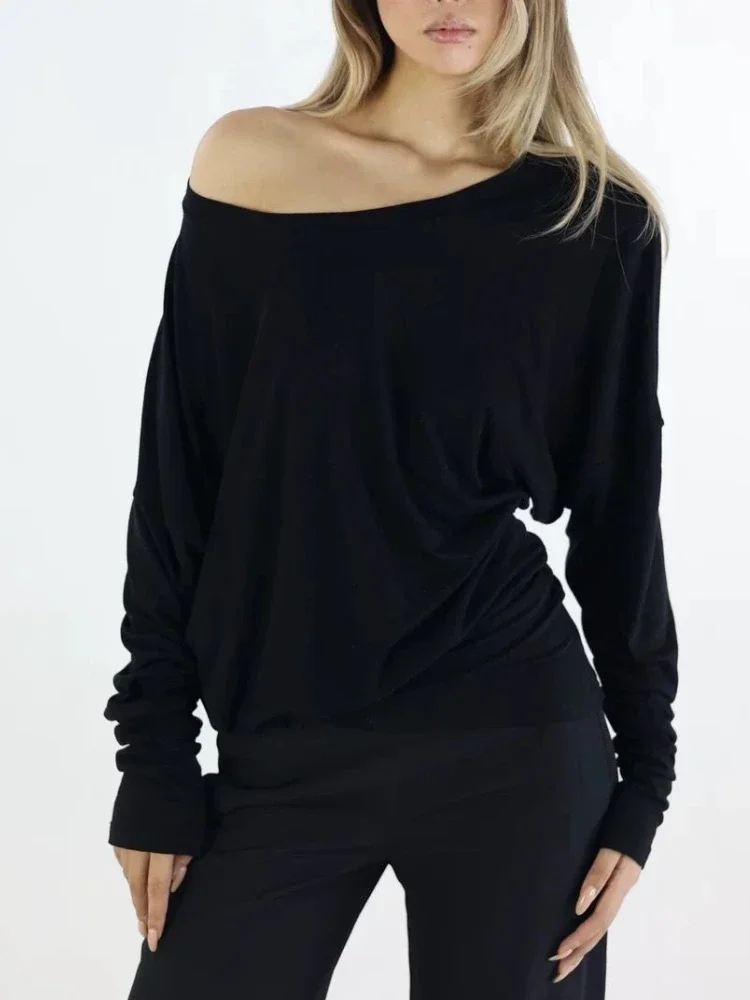 Oversized Grunge Solid Casual T-Shirt Pleated Vintage Simple Off Shoulder Tees All Match Streetwear Tshirts Korean Y2k Aesthetic 5