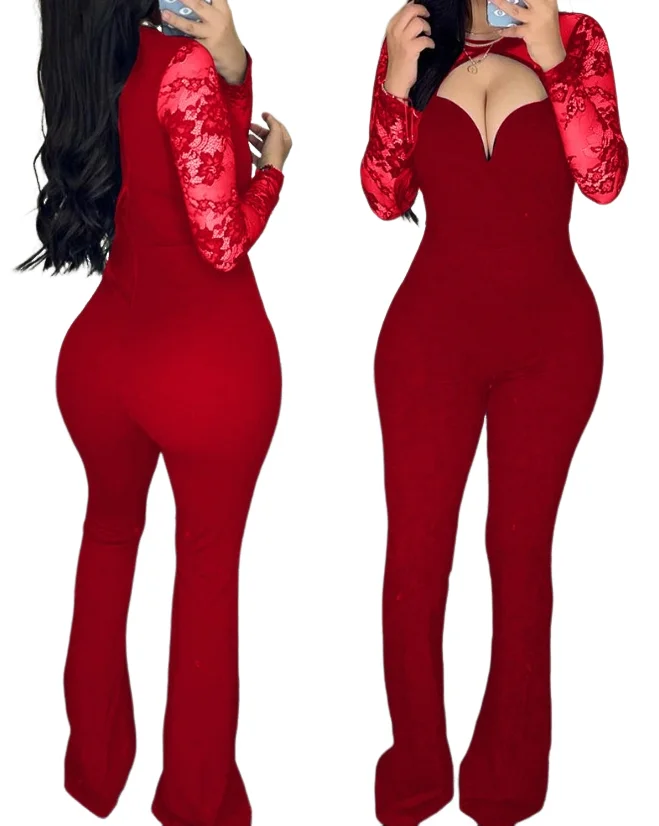 Jumpsuit Women 2023 Autumn New Fashion Elegant Commuting Sexy Hollow Out Asymmetric Neck Long Sleeve Contrast Lace Jumpsuit