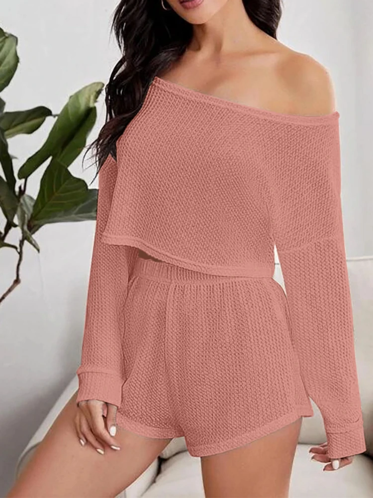 

Waffle Fashion Casual Set 2024 New Spring/Summer One Shoulder Top Shorts Comfortable Solid Color Home Clothes Pajamas Shorts
