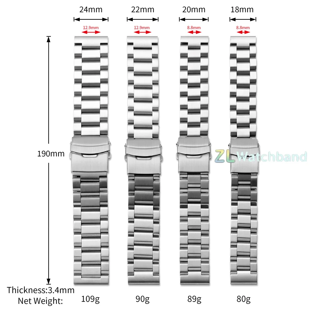 Stainless Steel Silver Watch Strap with Metal Folding Buckle