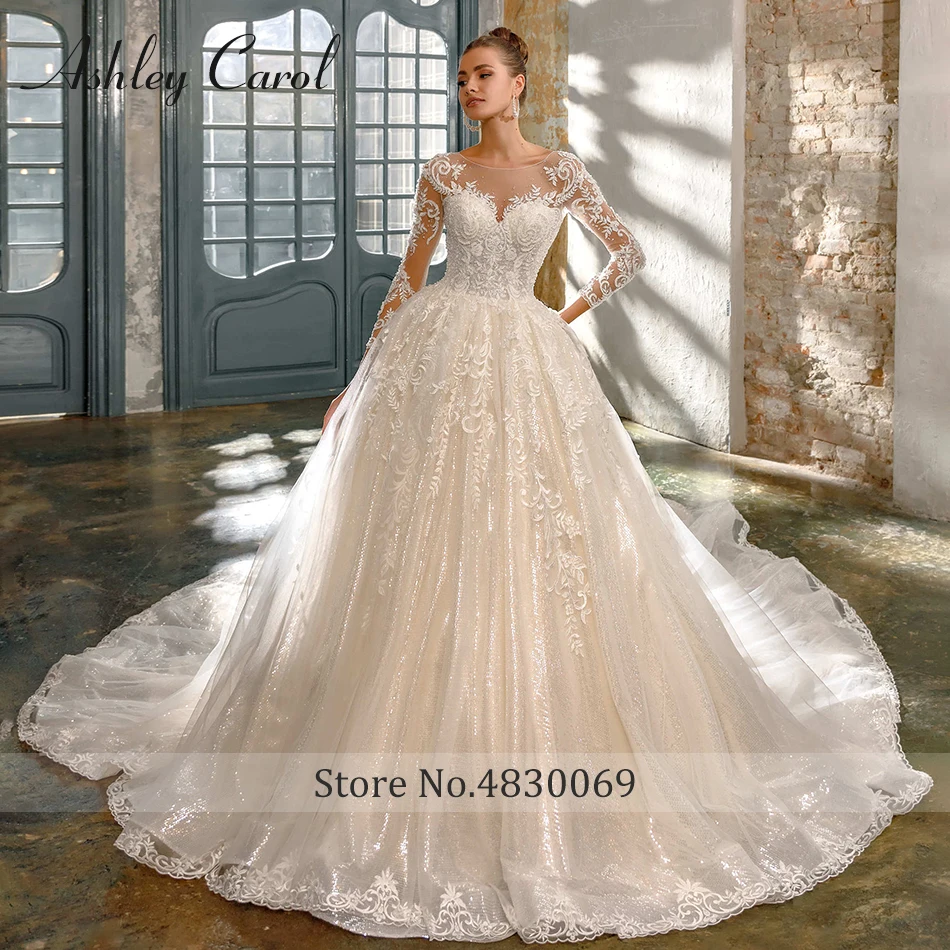 Ashley Carol Ball Gown Wedding Dresses Long Sleeve Backless Bride Dress  Sparkling Crystal Appliques Bridal Vestido De Novia - AliExpress 320