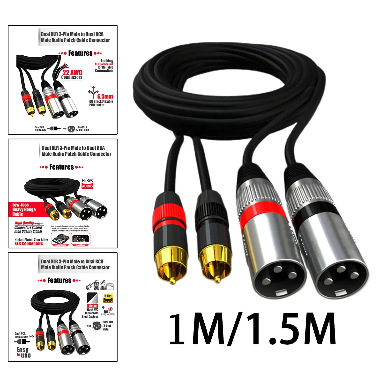 Dual RCA Male to Dual XLR Male Cable 2 RCA to 2 XLR for Speaker
