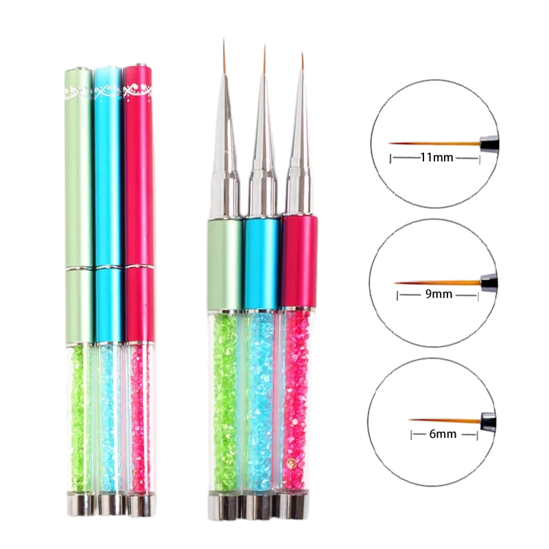 3pcs 6/9/11mm Nail Art Acrylic Brush UV Gel Polish Extension Carving Brush Metal Rhinestone Painting Liner Brush Drawing Pen