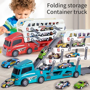 Upgraded Large Ejection Mini Slide Alloy Container Car  Engineering Car Multi-Layer Can Receive Blue Racing Car With 6  Qcar 1