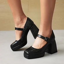  2022 women pumps plus size 22-28cm Stone/Leopard upper thick heel square toe Mary Jane shallow mouth foreign trade 4 colors 
