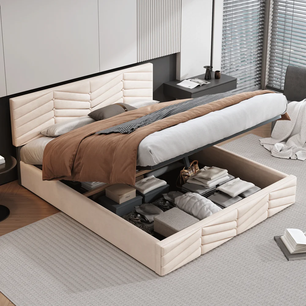 Upholstered Bed 140*200 with Lattice + Headboard, Height Adjustable Headboard Large Storage Space, for Adults Teenagers Bedroom