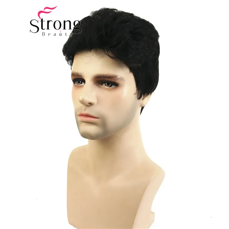 남성용 StrongBeauty 블랙 브라운 가발 남성용 짧은 자연 웨이브 합성 머리 가발