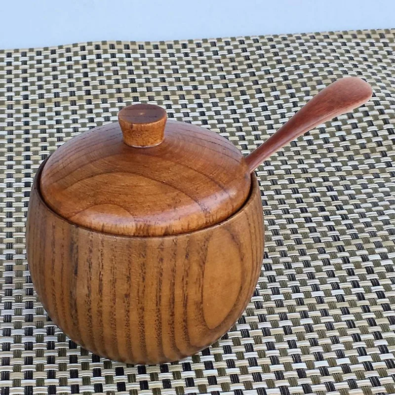Wooden Spice Jar with Lid and Spoon Natural Wooden Salt Sugar and Pepper Storage Jar Kitchen Seasoning Tools Herb Holder