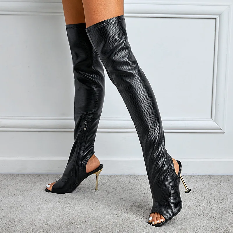 

New Design White Black Peep Toe Over The Knee Boots Fashion Runway Sexy Zip Womans Cut-Out Thin High Heels Shoes Botas De Mujer
