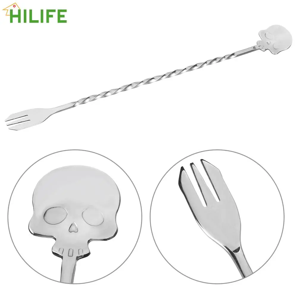 Cocktail Spoon Skull Bar Spoon 25cm Stainless Steel Mixing Fork Swizzle Sticks