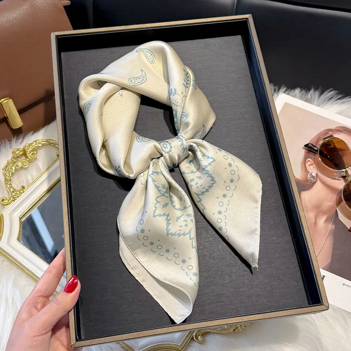 New Luxury Paisley Print 70*70cm Square Scarf Women Soft Satin Hairband Neckerchief Tie Female Headband Foulard Bag Ribbon Gift