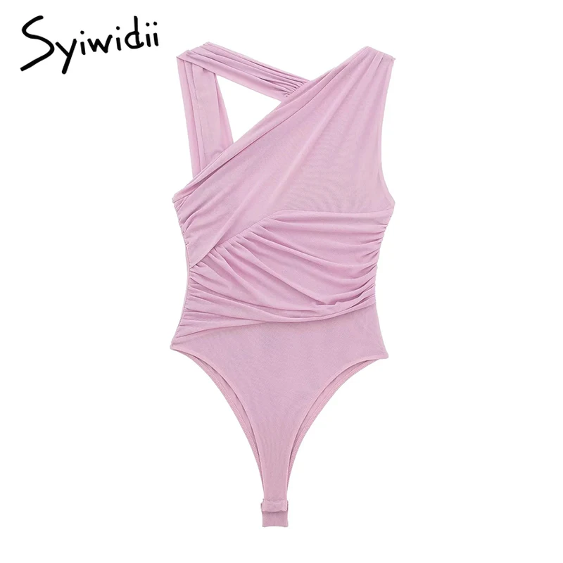 Syiwidii 여성용 레오파드 무늬 바디수트, 섹시한 비대칭 플리츠 민소매 점프수트, 슬림 여성 롬퍼, 여름 해변