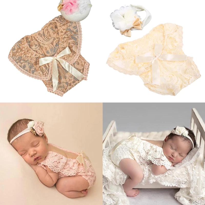 

2 Pcs 0-1 Month Newborn Photography Props Baby Headband Bows Lace Romper