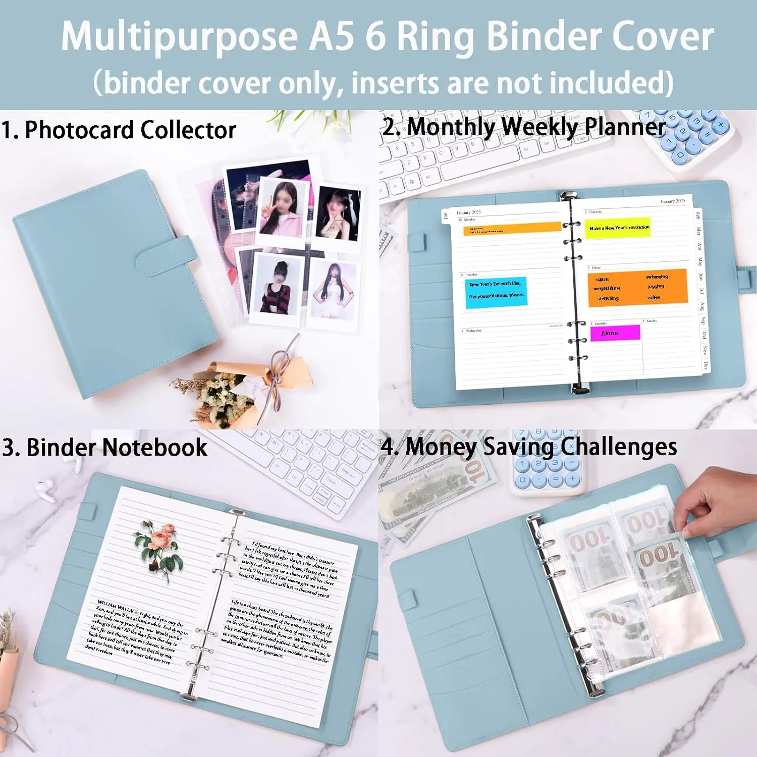 Compact PU Leather Binder Wallet with Magnetic Closure, Refillable 6-Ring Planner Cover