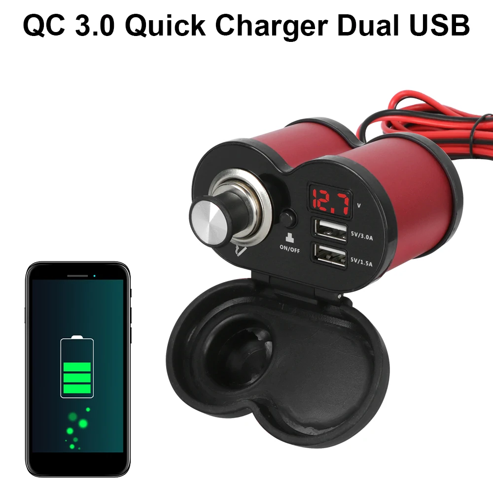 QC 3.0 방수 방진 디지털 전압계 어댑터, 오토바이 핸들바 충전기, 듀얼 USB 포트, 담배 라이터 소켓