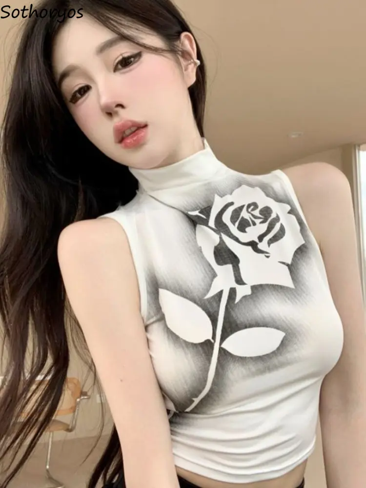 

Tanks Women Flowers Special Sexy Basics Leisure All-match Popular Korean Style Spring Graceful Vintage Simple Ladies Creativity