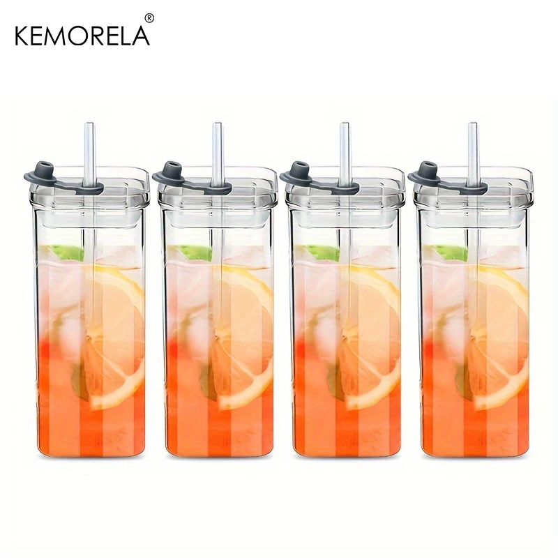 Stainless Steel Cups Whiskey Glass Drinking Glasses Set Crystal Glass Cup Bubble Glass Cup Square Glass Mug Double Wall Glass Mug 4/6PCS Portable Drinking Cups 380ml/500ml Heat Resistant Glass with Lid and Straw Suitable for Iced Coffee Juice Milk