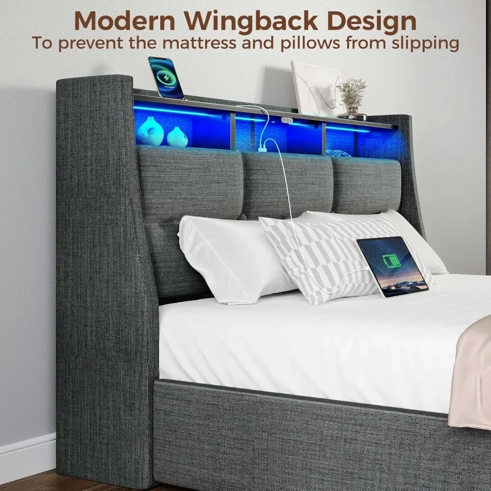 NEW-Rolanstar Twin Size Bed Frame with LED Lights and Charging Station, Upholstered Bed Storage Headboard & Drawers, Heavy Duty
