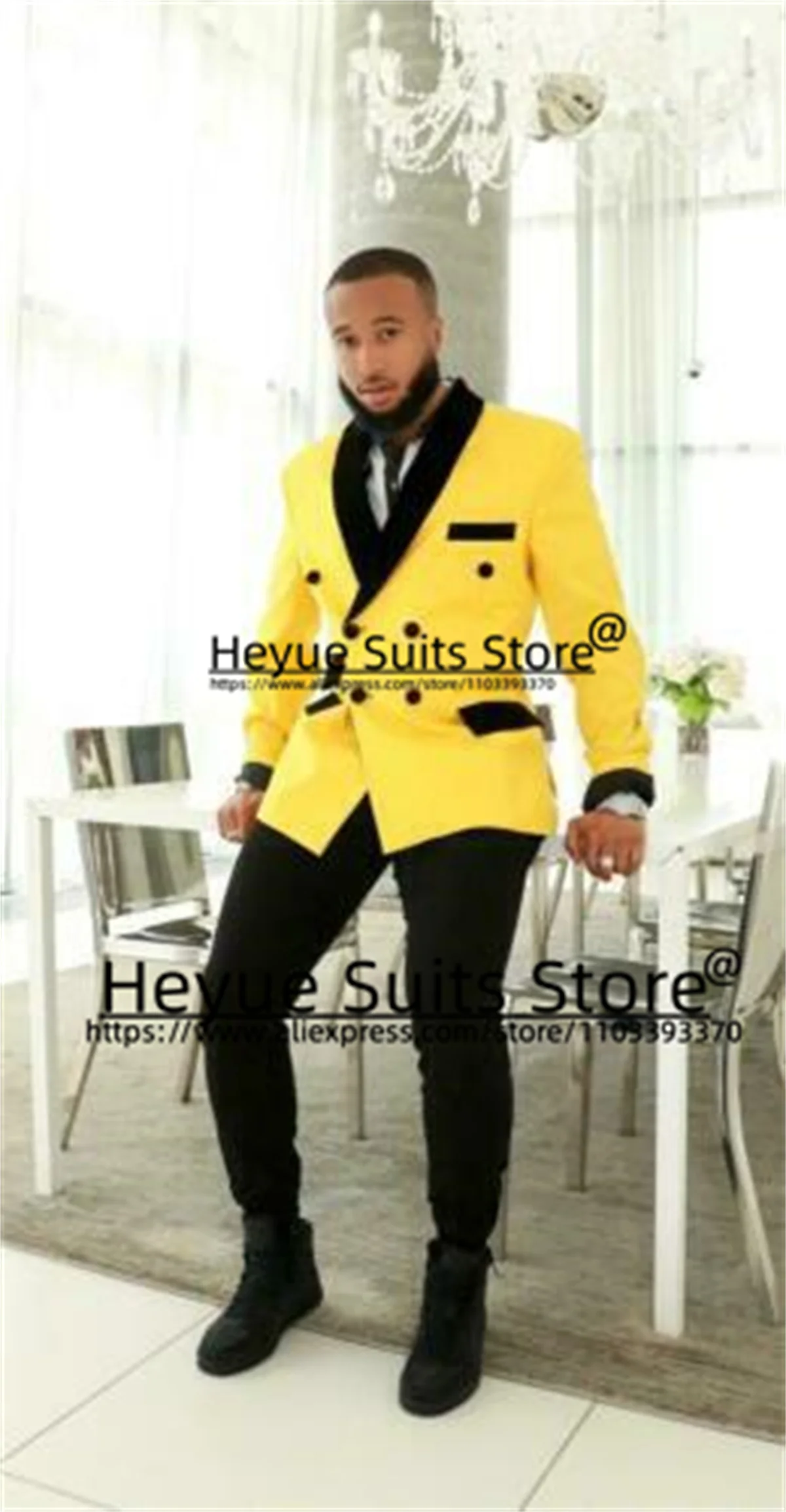 Formal Prom Party Yellow Men Suit Slim Fit Black Shawl Lapel Groom Wedding Tuxedos 2 Pcs Sets Business Male Blazer Costume Homme