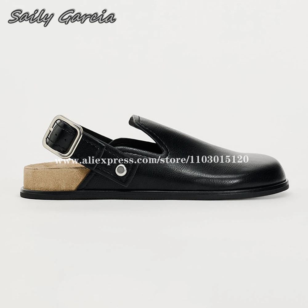 Genuine Leather Back Belt Buckle Strap Flat Slippers 2024 Summer NEW All-Match Causal Slides Round Toe Platform Cap Toe Sandals