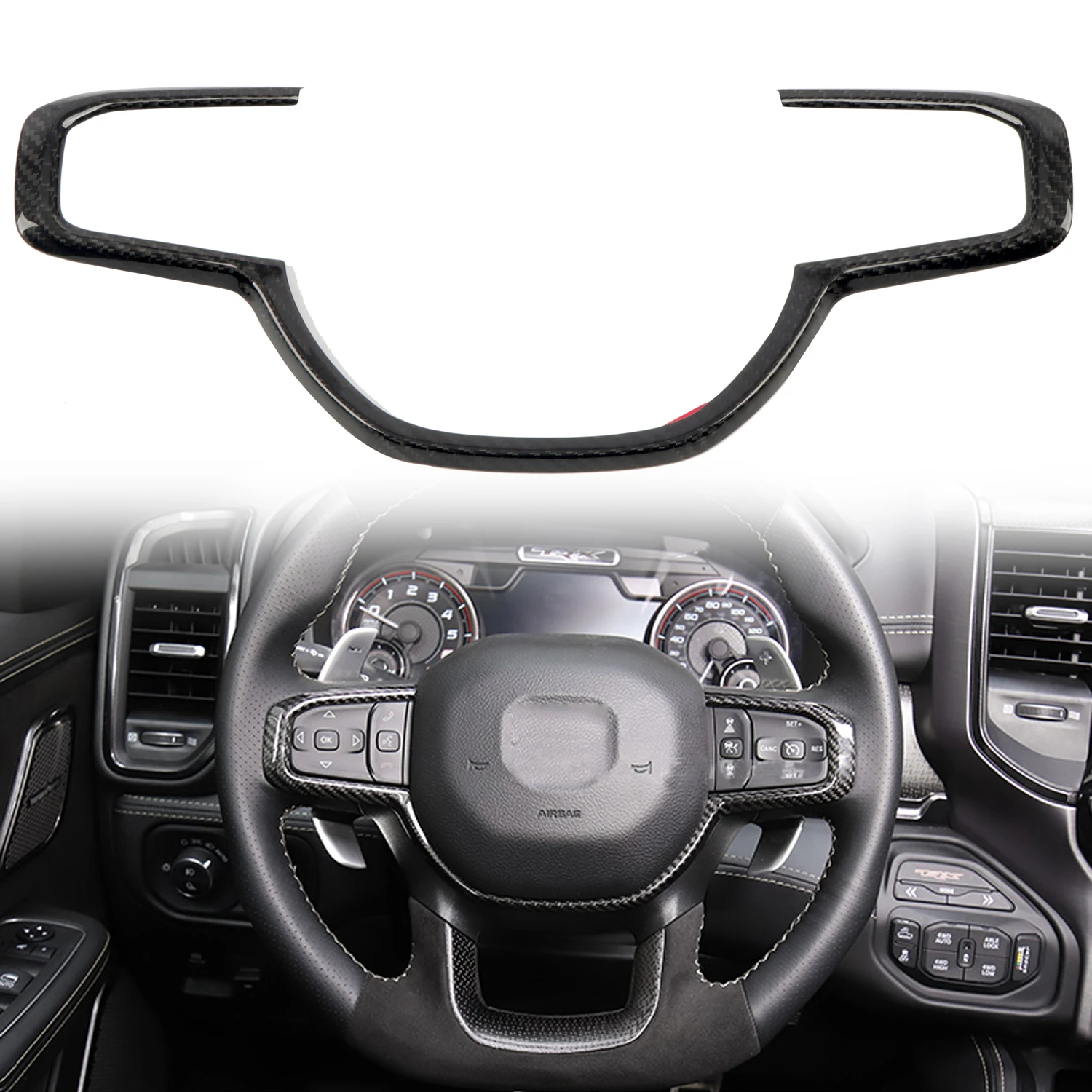 

for Ram 1500 2019-2023, Ram TRX 2021-2023 Steering Wheel Overlay Glossy Carbon Fiber 1pcs