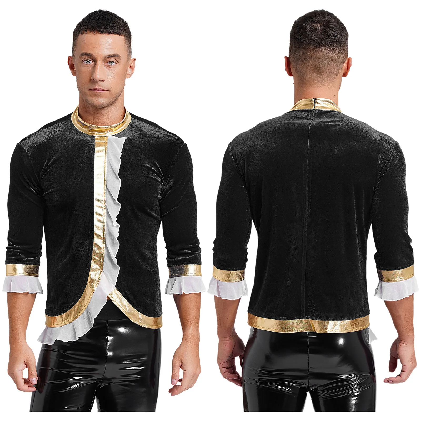 thumbnail image 1 of Trajes de Cosplay de circo brillante metálico para hombre, camisa Punk de manga larga con volantes, disfraces superiores, disfraz renacentista de Halloween, 1 of 5