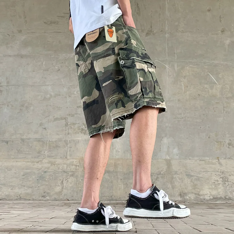 Retro American Street Loose Straight Leg Camouflage Work Pants Men's Heavy Wa Handmade Patched Trendy Military Pants