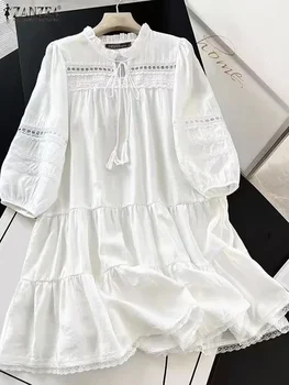 ZANZEA Women Fashion Lace Dress 2025 Summer Stitching Midi Elegant Party Vestidos Vintage 3/4 Sleeve Strap Pleating Tassel Dress 1