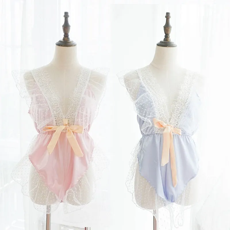 Sexy Pajamas Women Lace Ruffled Bow Sleeveless Jumpsuit Onesie Sleepwear Lace Bodysuit Jumpsuits