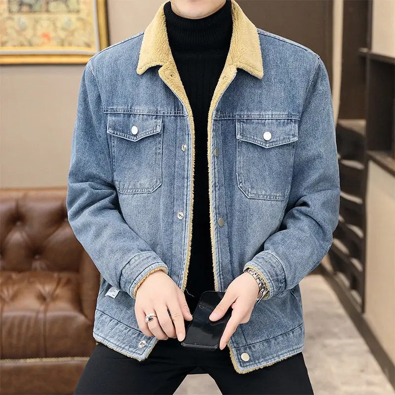 Men Fashion High-End Denim Outcoat Winter Youth Plus Velvet Thicken Lamb Wool Denim Jacket Casual Lapel Large Size Outwear winter plus velvet keep warm denim jacket women s plush lapel jacket winter plush jacket