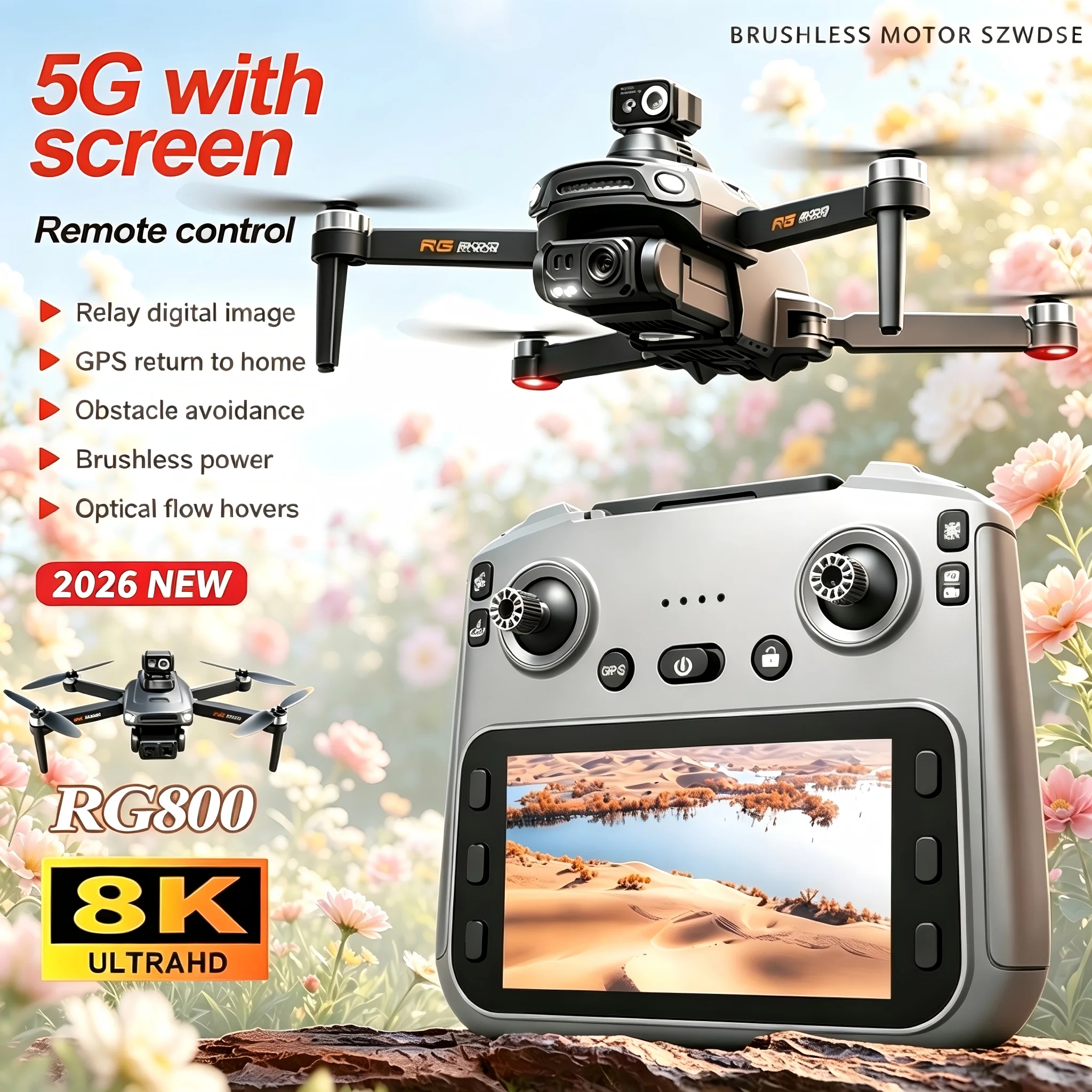 Drone GPS RG800 MAX 4K Professionnel survolant un paysage avec double caméra HD et Wifi 5G