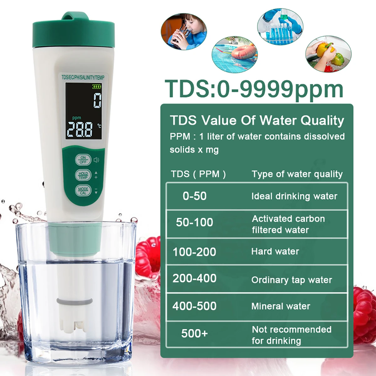 5-in-1 Water Tester Pool Salt Tester High Accuracy PH/EC/TDS/Salt/Temp Meter Water Analyzer for Pools Aquariums