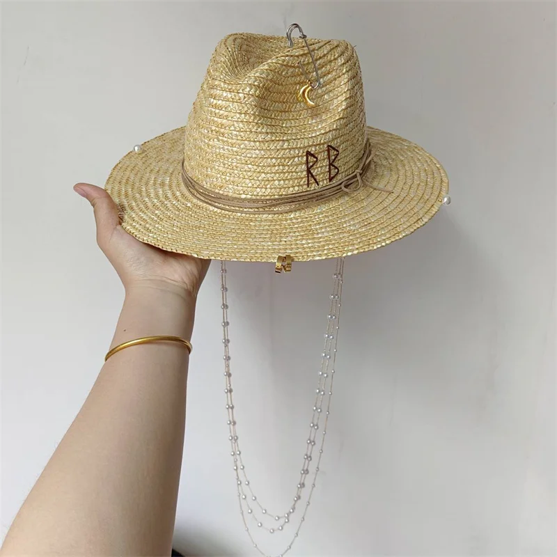 DIY New Straw Hat Punk Style Pearl Chain DIY Jazz Hat Sun Hat New Korean Letter Hat Beach Hat Men's and Women's Punk Hat Sun 2