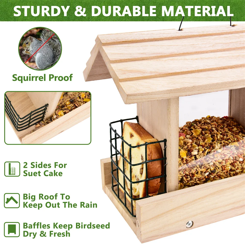 5.5LB Wooden Bird Automatic Feeder Food Feeding Tool Hanging Outdoor Birds Feeder Large Feeding House Large Bird Food Container