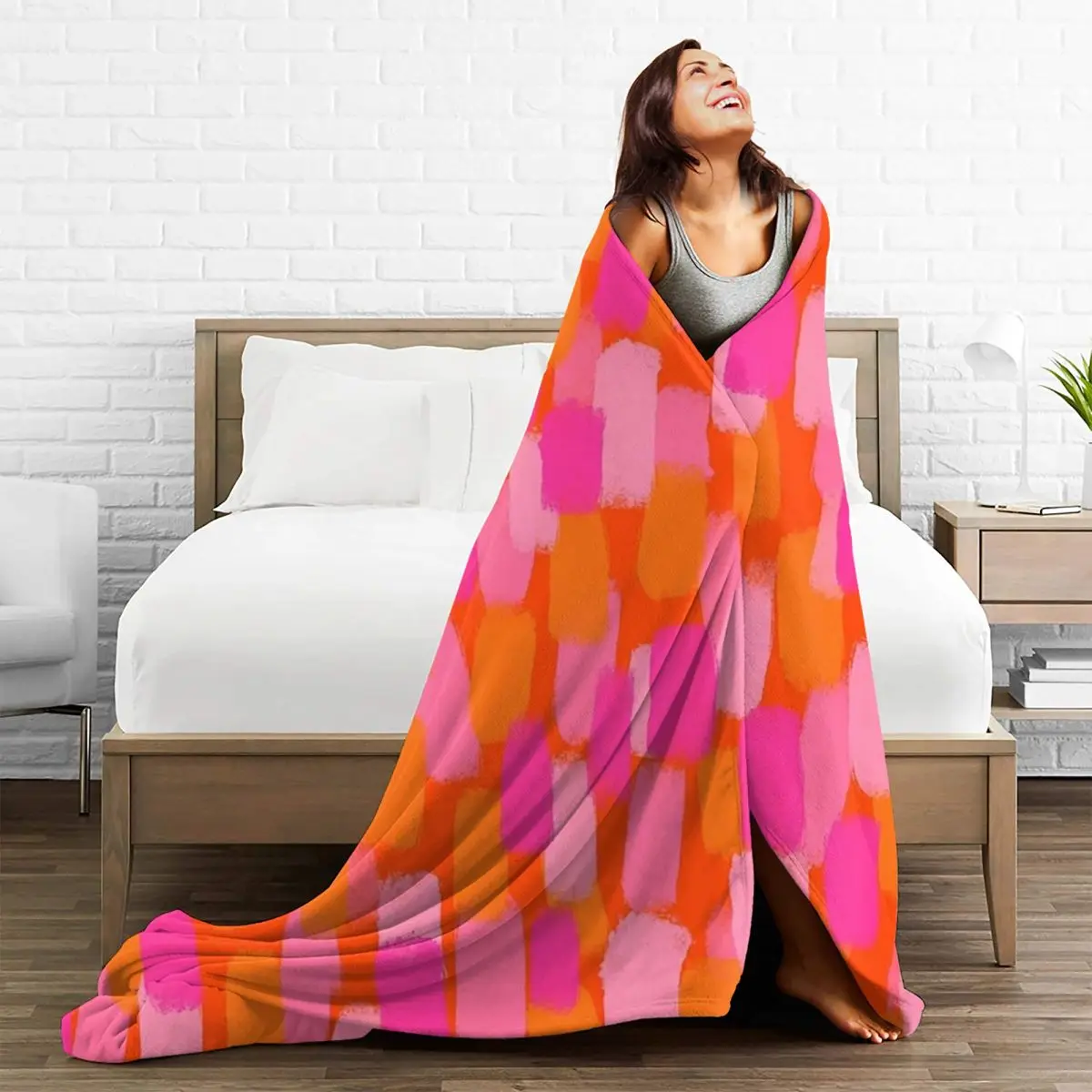 Abstract, Pink And Orange, Paint Brush Effect Blanket Fleece Multi-function Throw Blankets Blanket For Home Throws Bedspread 5
