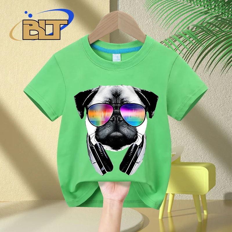 

Pug Dog Wearing Music Equalizer Sunglasses printed kids T-shirt summer children's cotton short-sleeved gift for boys and girls