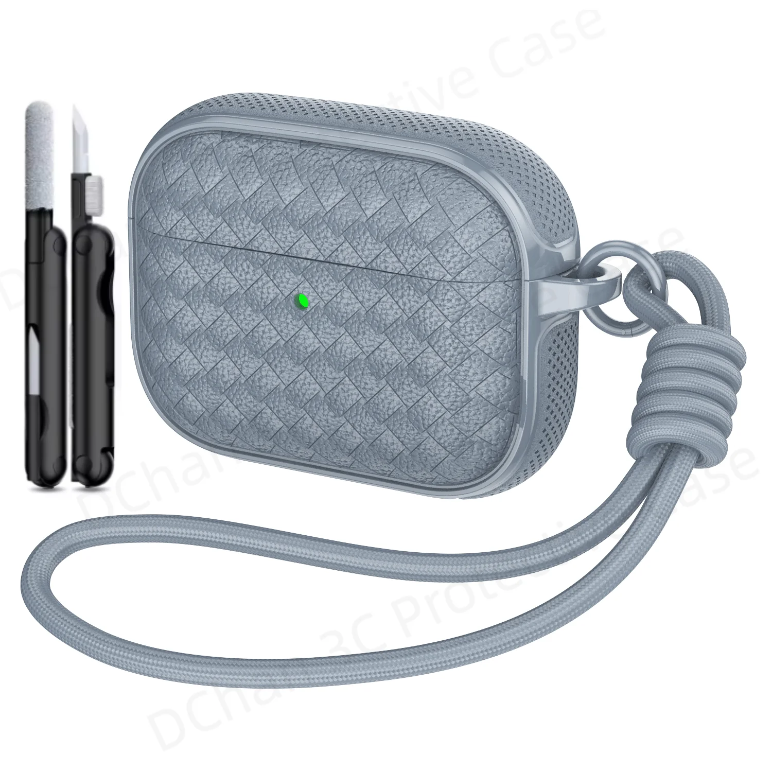 Woven Leather Texture Headphone Case with Lanyard, Non-Slip Earbuds Holder