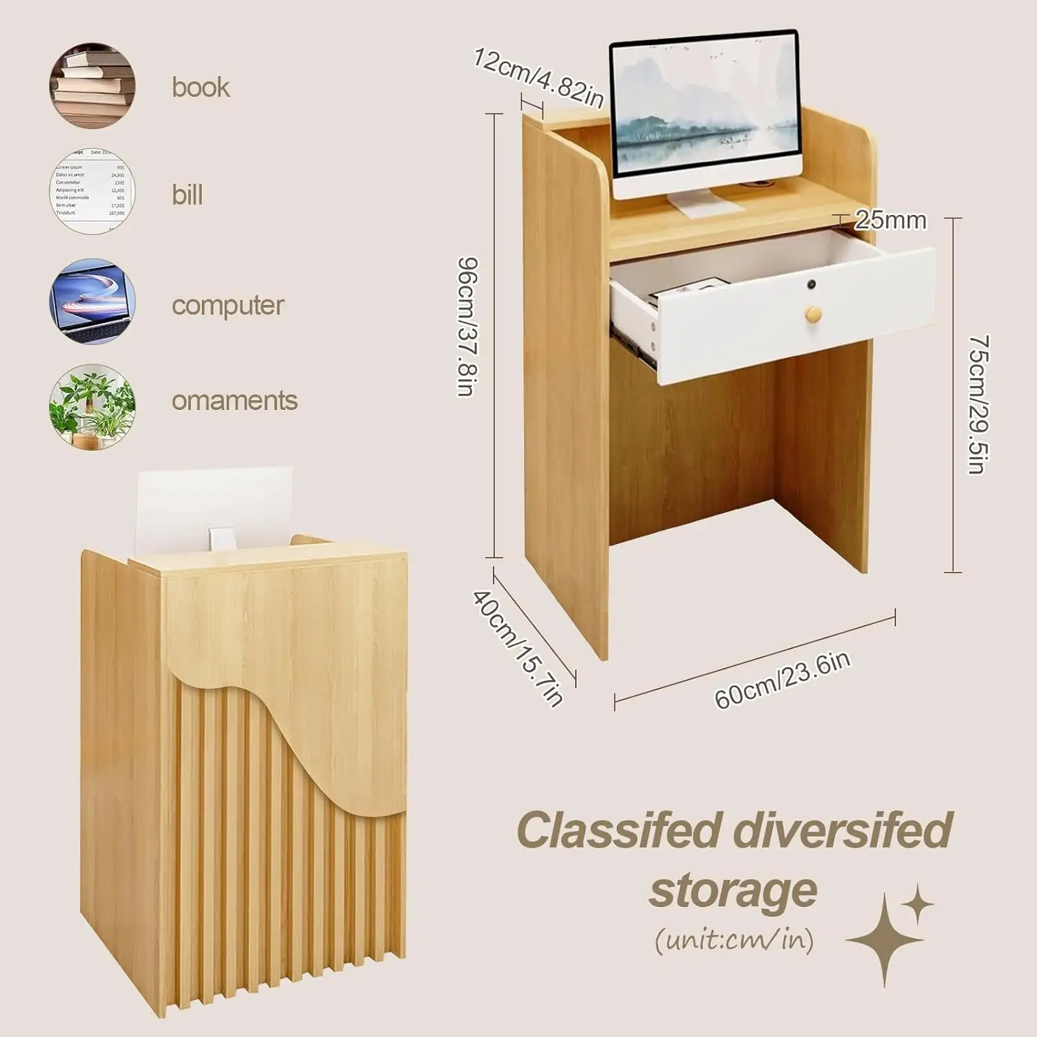 Modern Reception Desk With Counter 23.6In Open Front Desk Checkout Counter With Lockable Drawer Reception For Beauty Salon