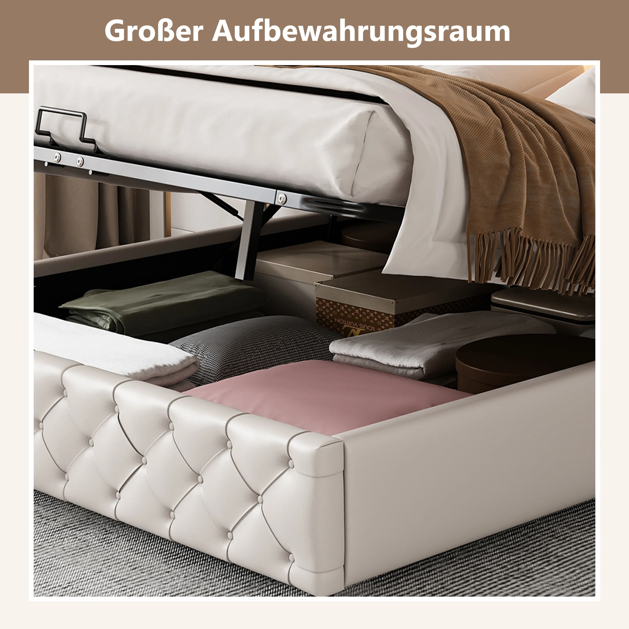KOMHTOM PU-Funktionsbett, LED-Beleuchtung, Lattenrost, Stauraum – Detail 6